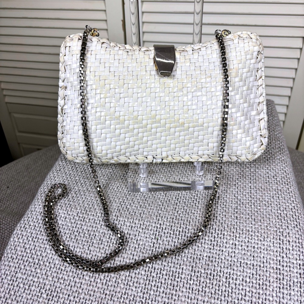 Vintage 60s Chic White Woven Vinyl Clutch Bag Box Chain Strap Made in Hong Kong